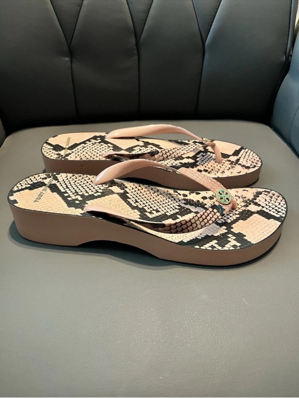 Tory Burch Blush Pink Snake-Print Platform Flip Sandals 11 M